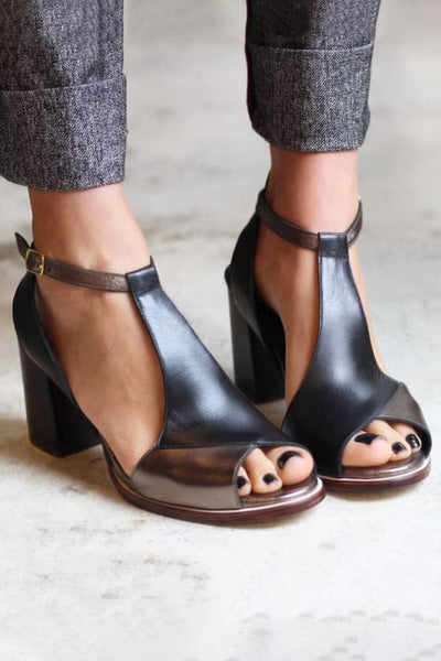 Anyao™ | Black Patchwork Open-Toe Heels