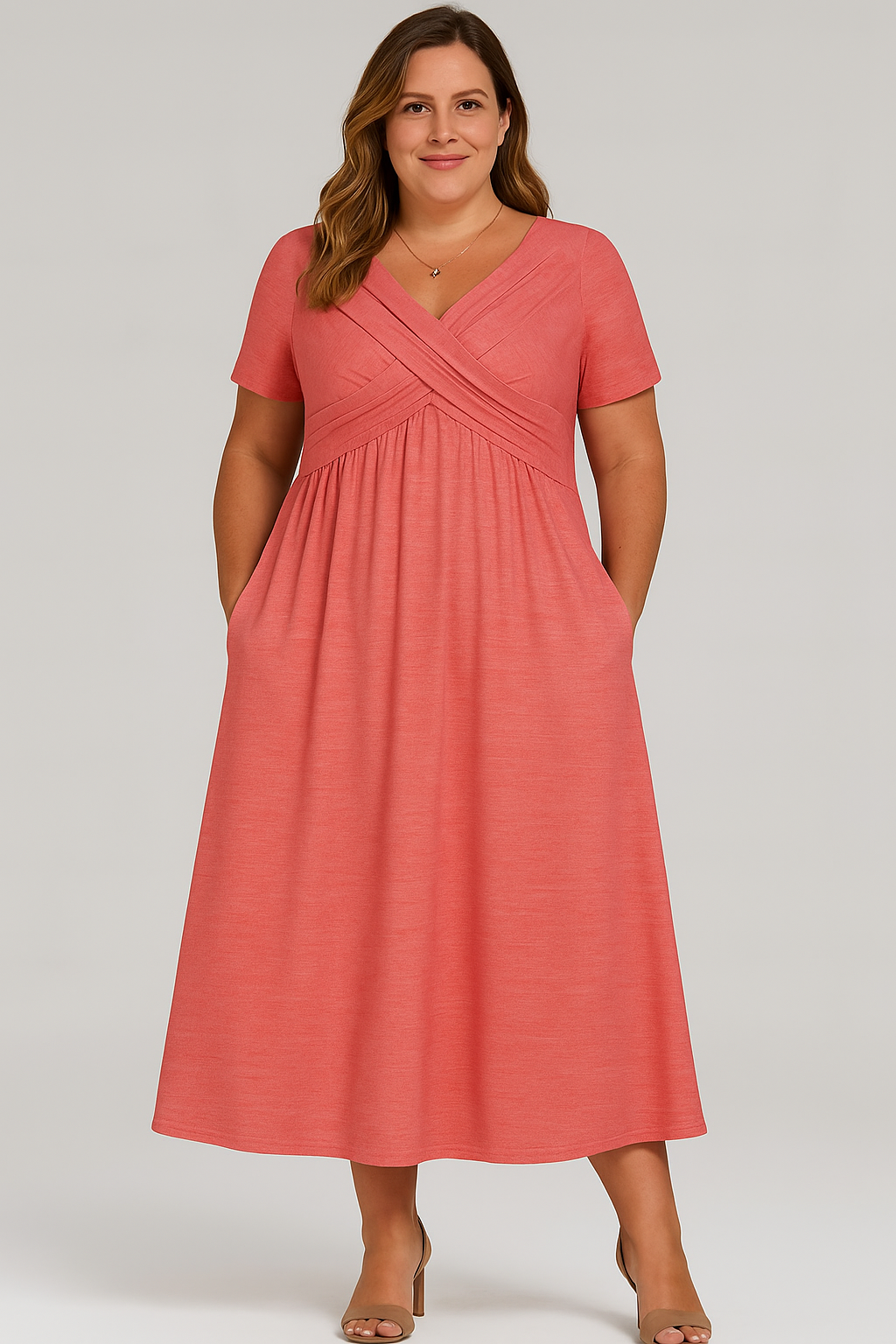 Ariana™ | Pleated V-neck Tummy Covering Midi Dress