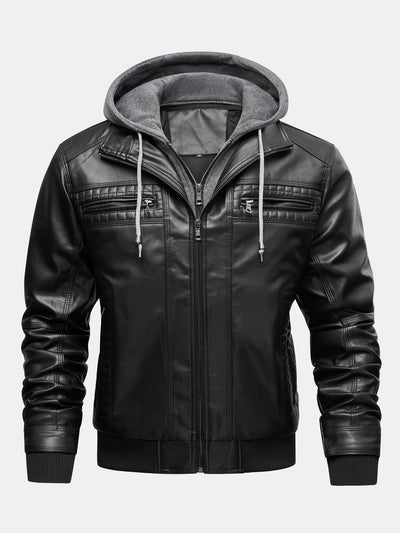 2 In 1 PU Leather Jacket With Detachable Hood