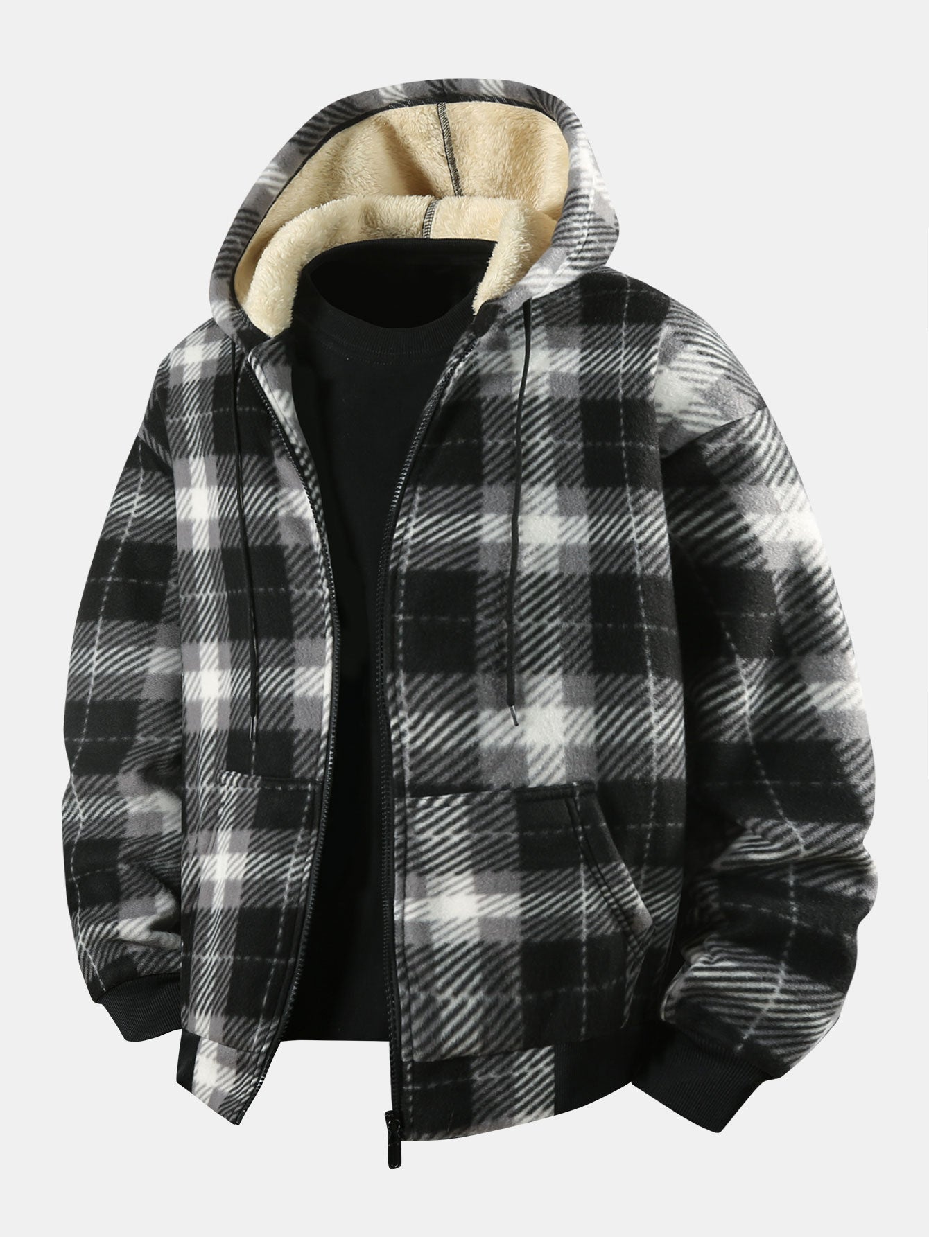 Teddy Lined Flannel Zip Hooded Coat