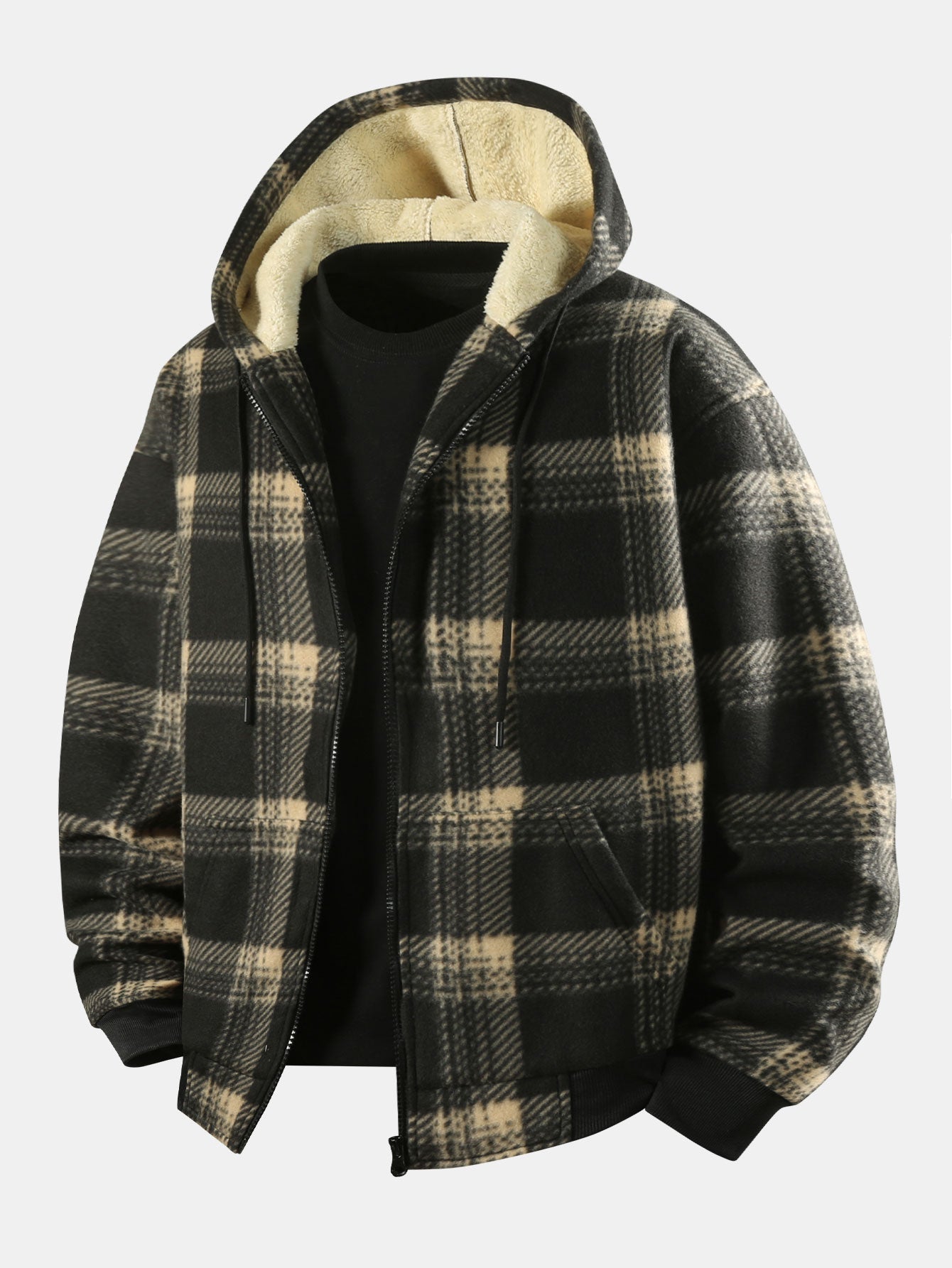 Teddy Lined Flannel Zip Hooded Coat