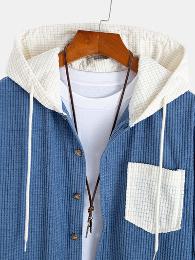 Long Sleeved Waffle Corduroy Contrast Hooded Shirt