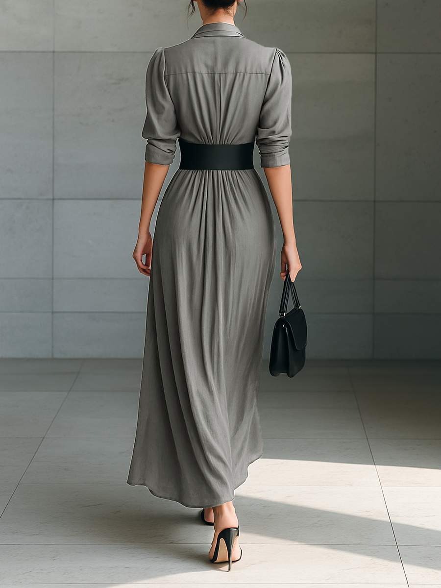 Maxi Dress with Notch Collar and Long Sleeves