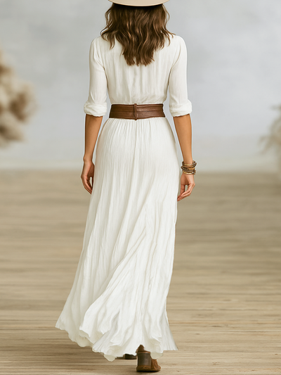 Long Maxi Dress for Women in Imitation Cotton and Linen with Notched Collar