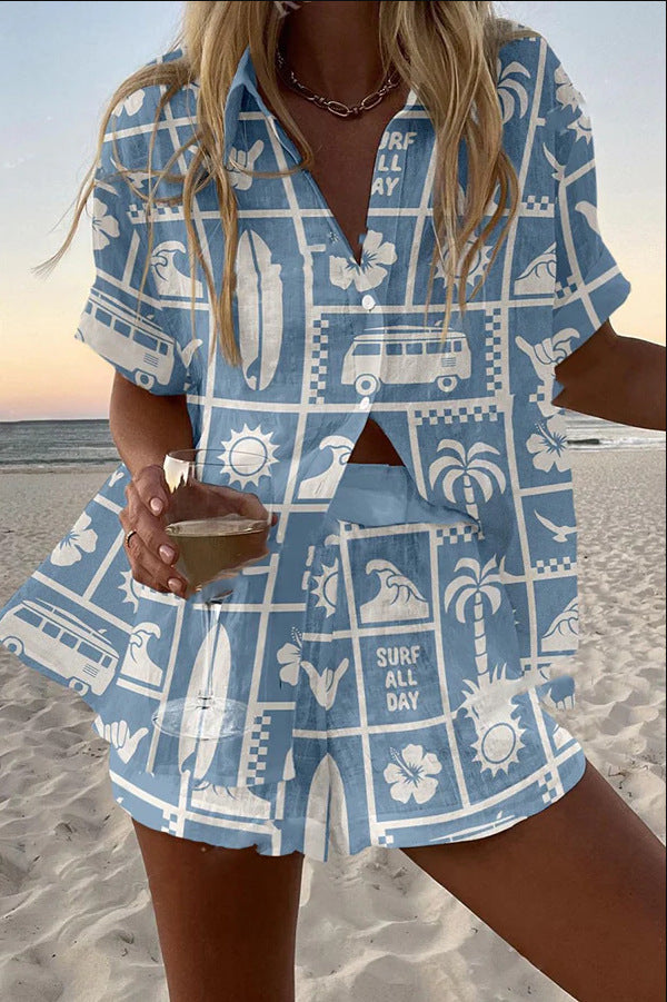 Trenara™ | Short linen set with Caravan print