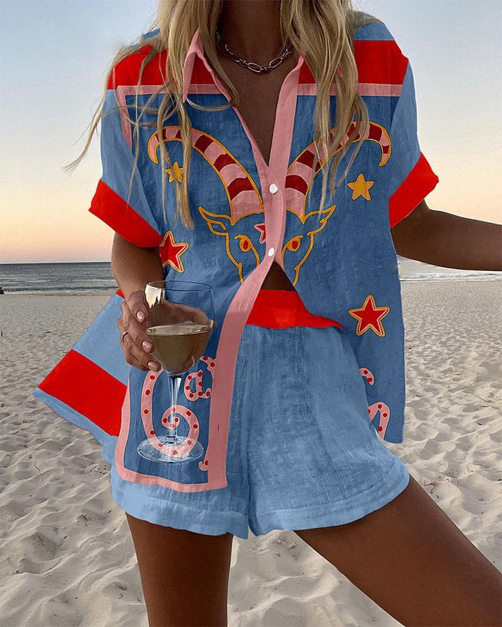 Jorelle™ | Short Linen Set with Goat Print