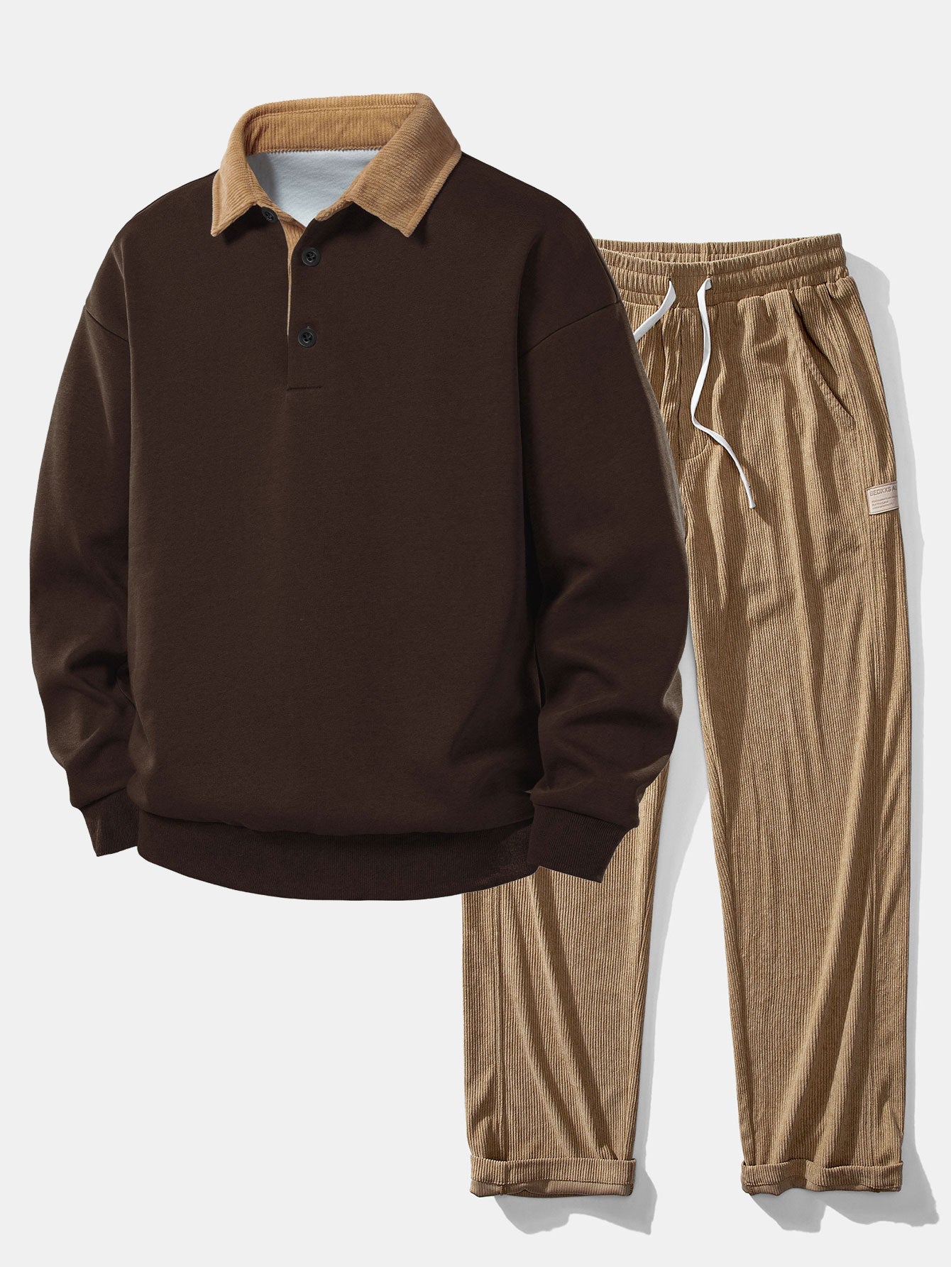 Relax Fit Contrast Corduroy Polo Collar Sweatshirt & Straight Leg Corduroy Pants