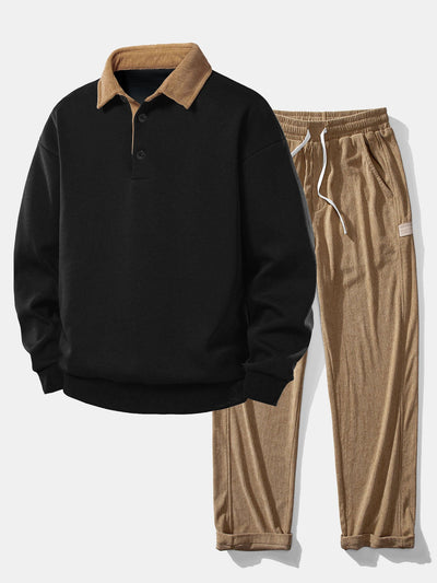 Relax Fit Contrast Corduroy Polo Collar Sweatshirt & Straight Leg Corduroy Pants
