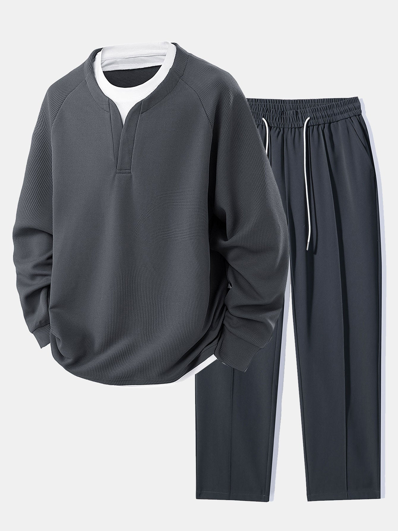 Raglan Sleeve 2 In 1 Waffle T-Shirt & Single Pleat Drawstring Straight Leg Pants