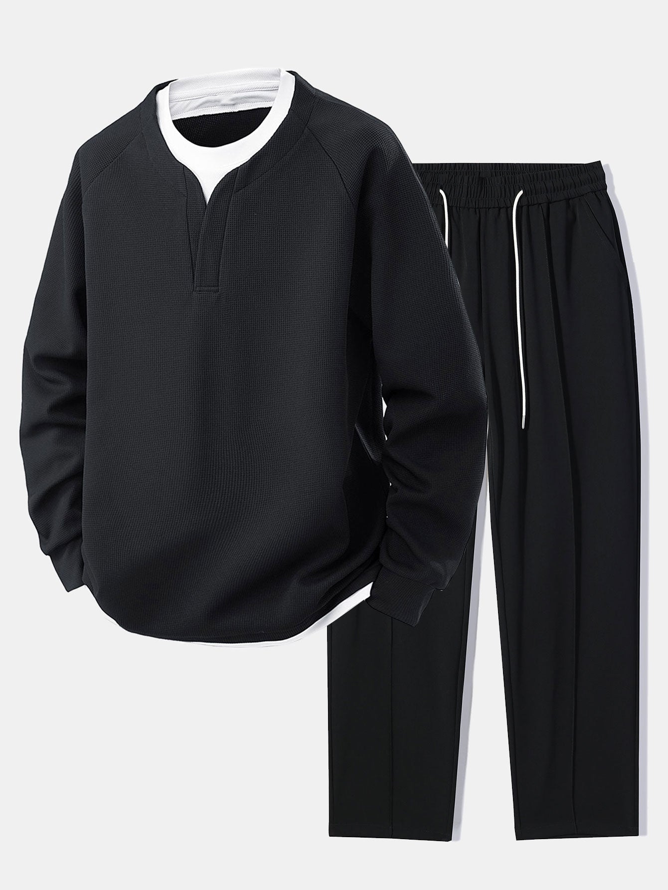 Raglan Sleeve 2 In 1 Waffle T-Shirt & Single Pleat Drawstring Straight Leg Pants