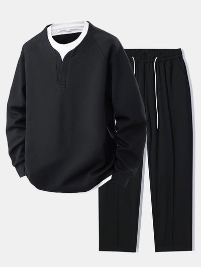 Raglan Sleeve 2 In 1 Waffle T-Shirt & Single Pleat Drawstring Straight Leg Pants