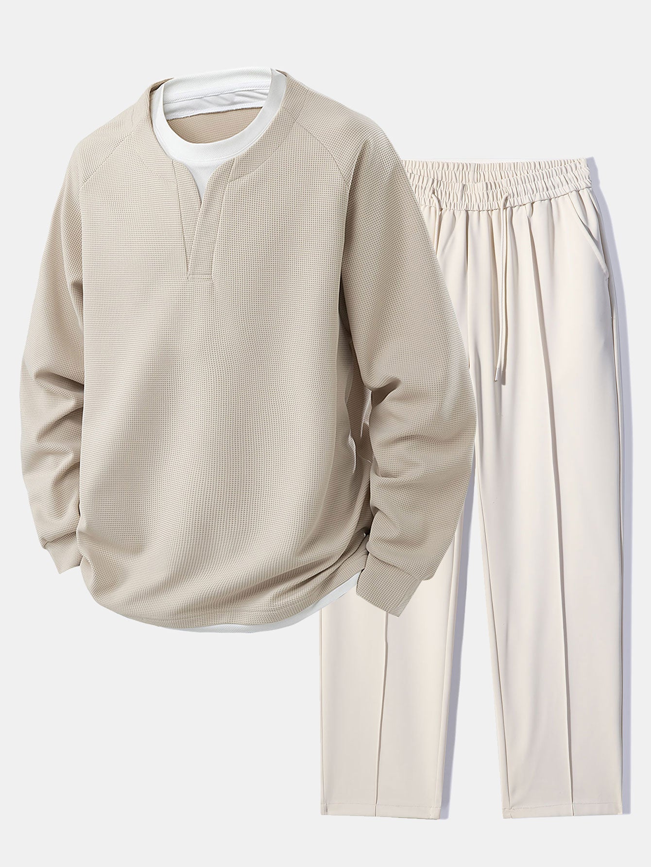 Raglan Sleeve 2 In 1 Waffle T-Shirt & Single Pleat Drawstring Straight Leg Pants