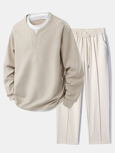 Raglan Sleeve 2 In 1 Waffle T-Shirt & Single Pleat Drawstring Straight Leg Pants