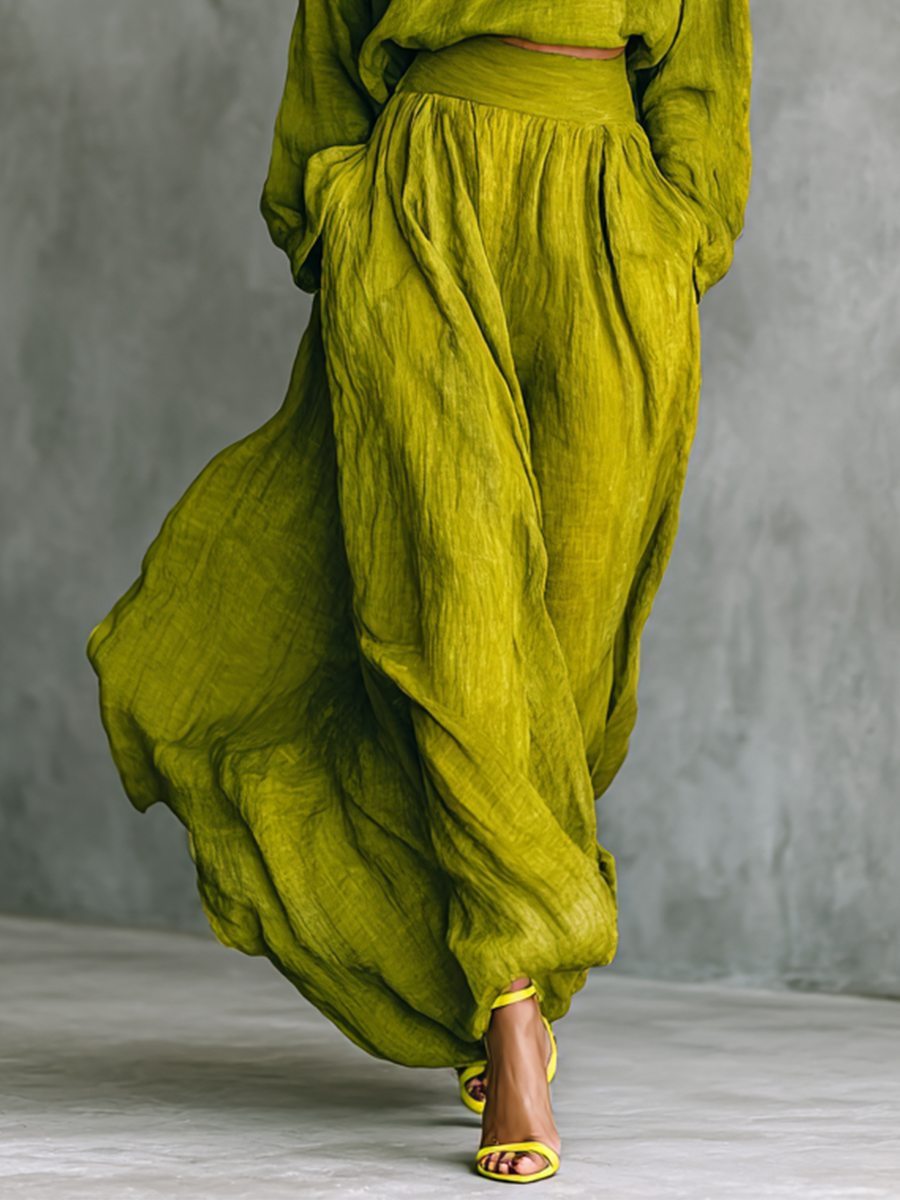 Women's Green Outfit in Cotton-Linen Blend