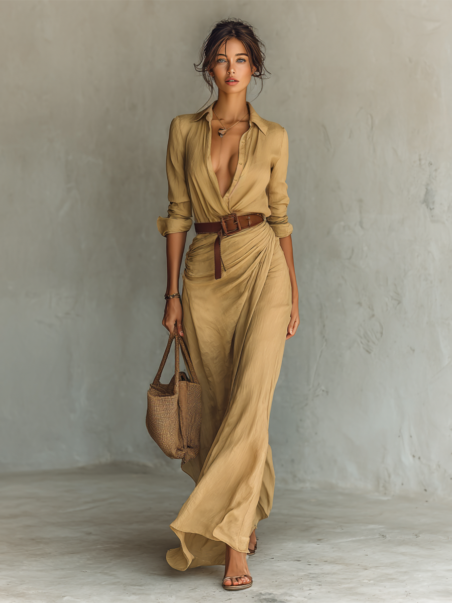 Long Maxi Dress with Notched Collar and Included Belt