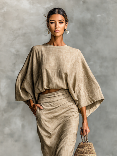 Two-Piece Set Long Skirt Batwing Sleeve in Cotton and Linen
